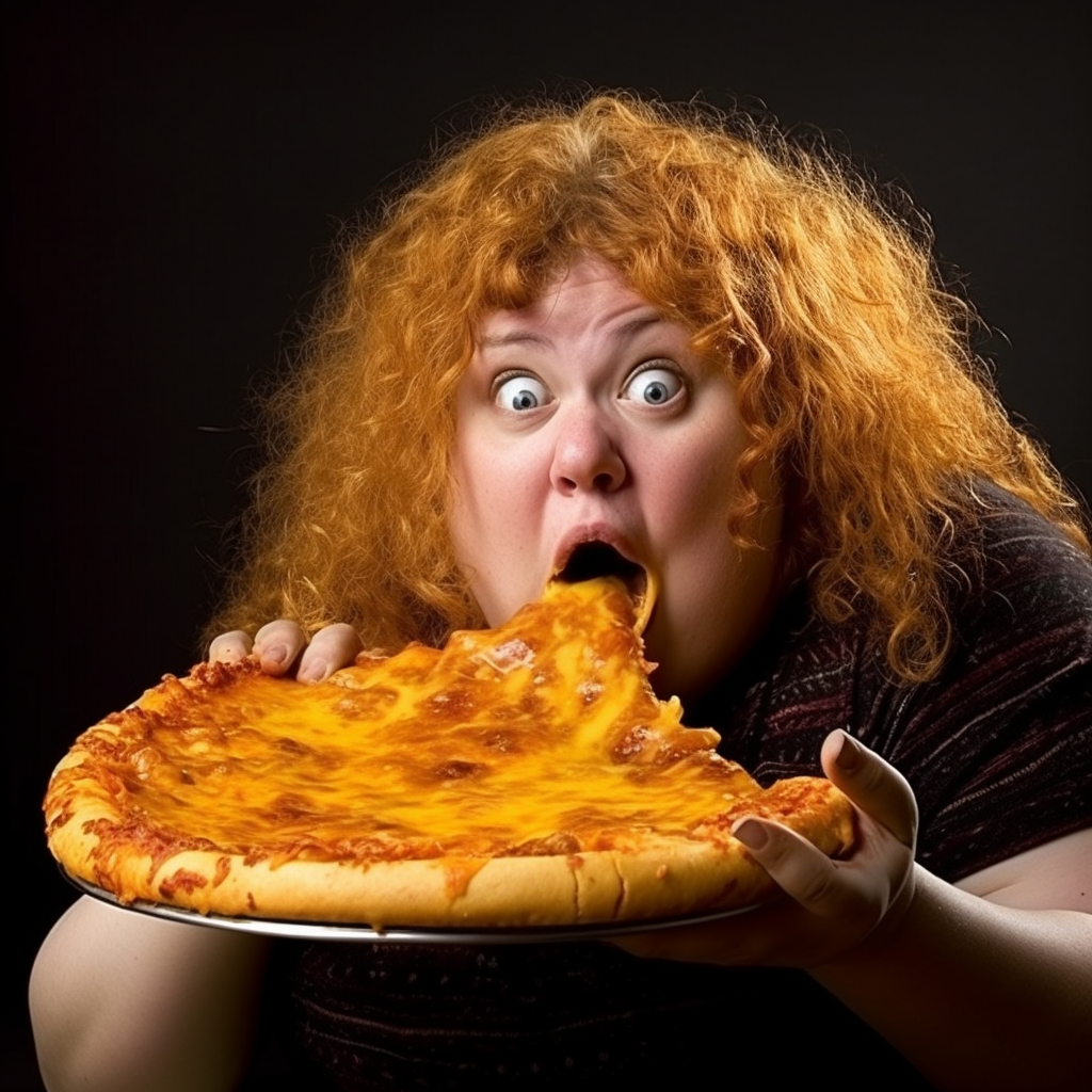 foto de uma mulher gorda comendo pizza