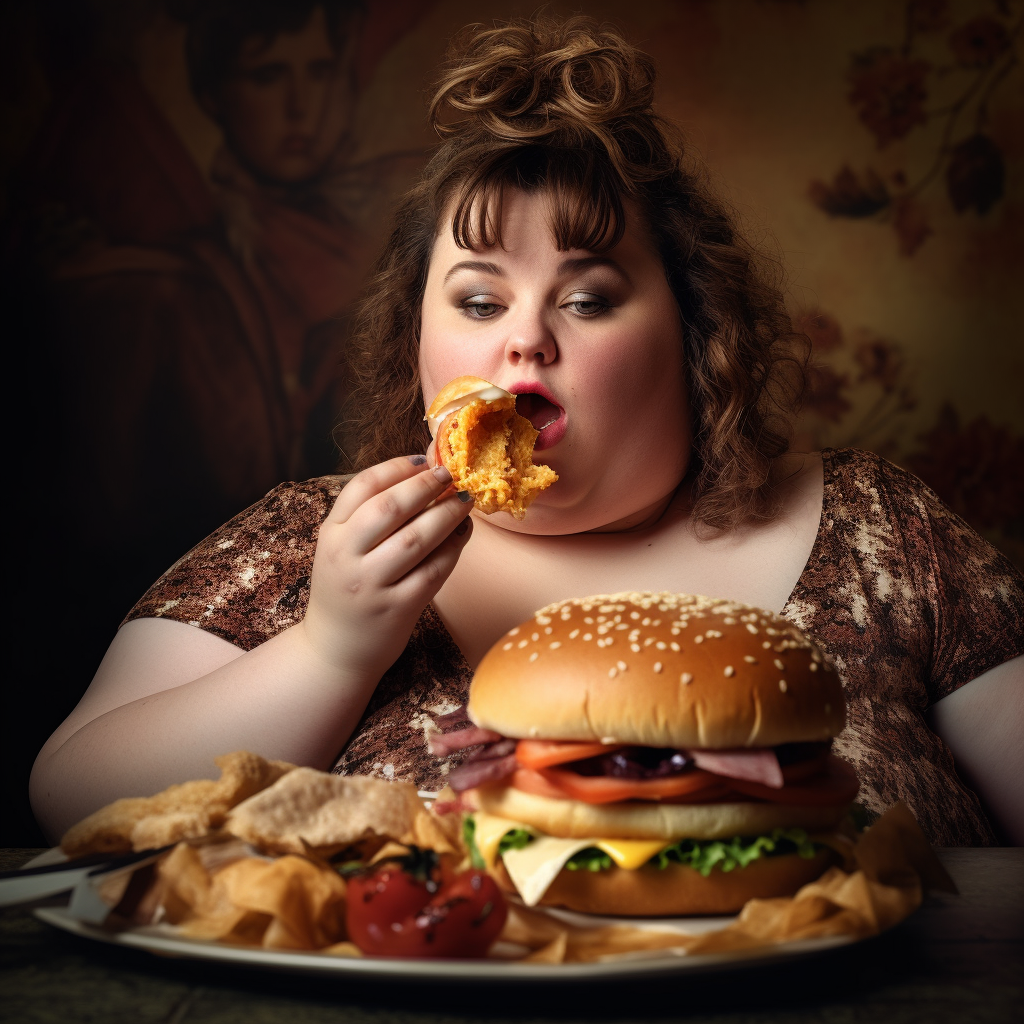 foto de uma mulher gorda comendo hambúrguer