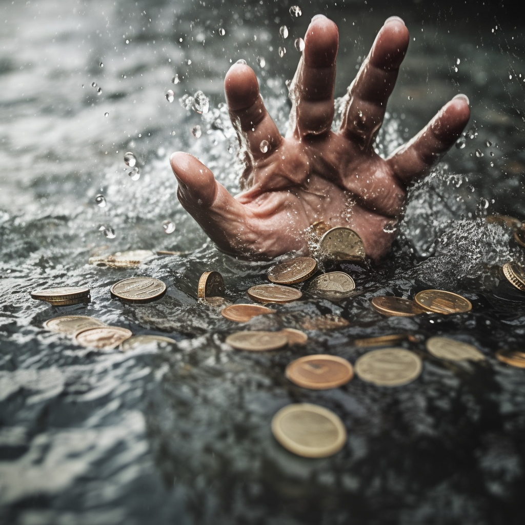 foto de uma mão dentro dágua e várias moedas junto