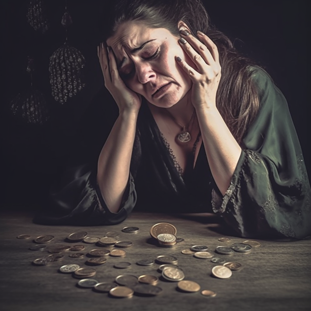 foto de uma mulher com moedas na mesa