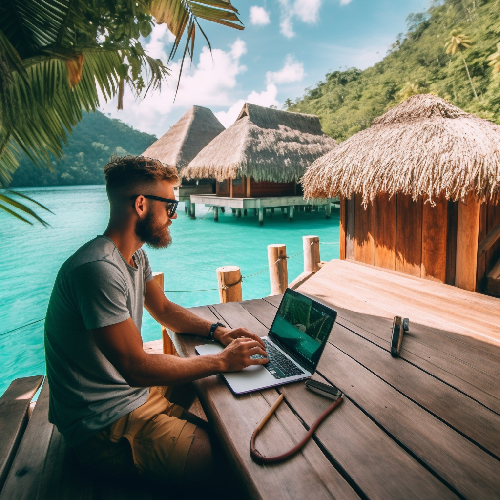 foto de um homem no computador em uma parai maravilhosa