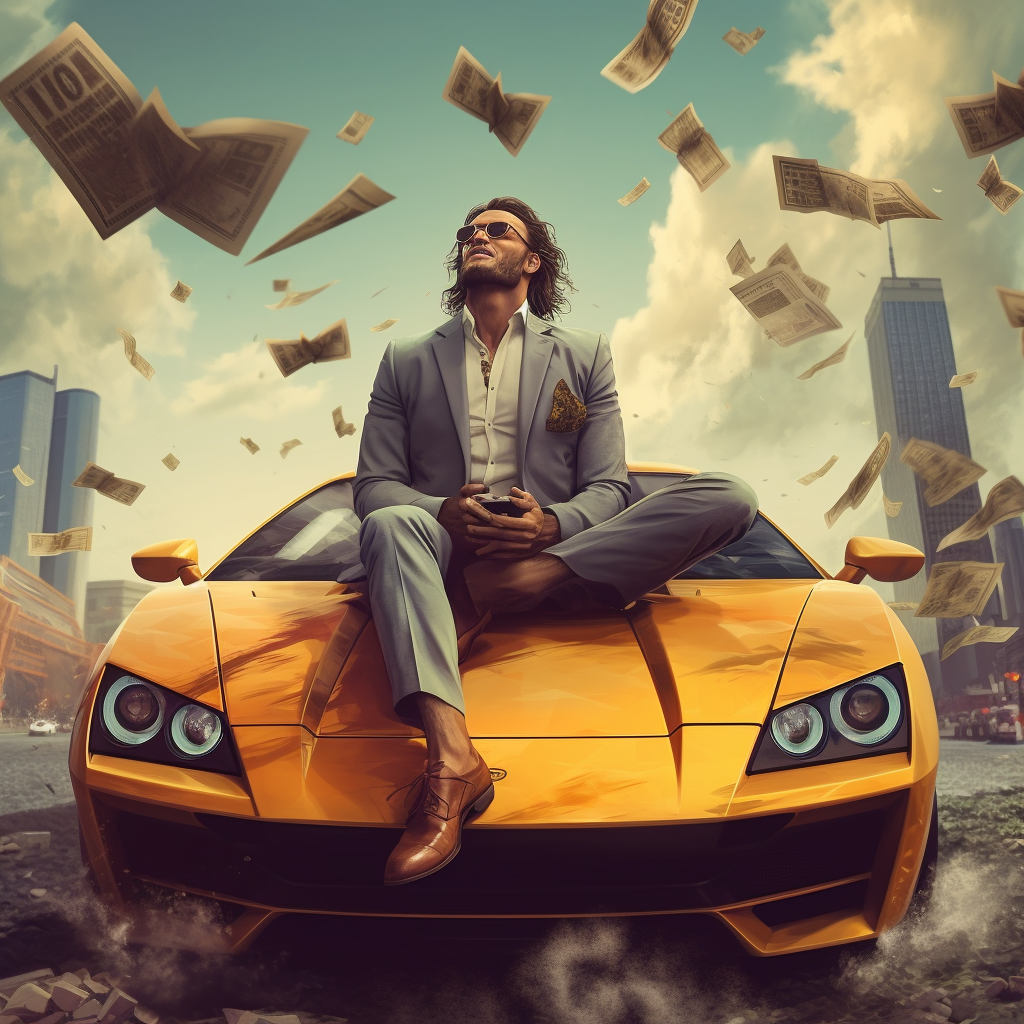 foto de um homem sentado no capô de um carro e dinheiro voando