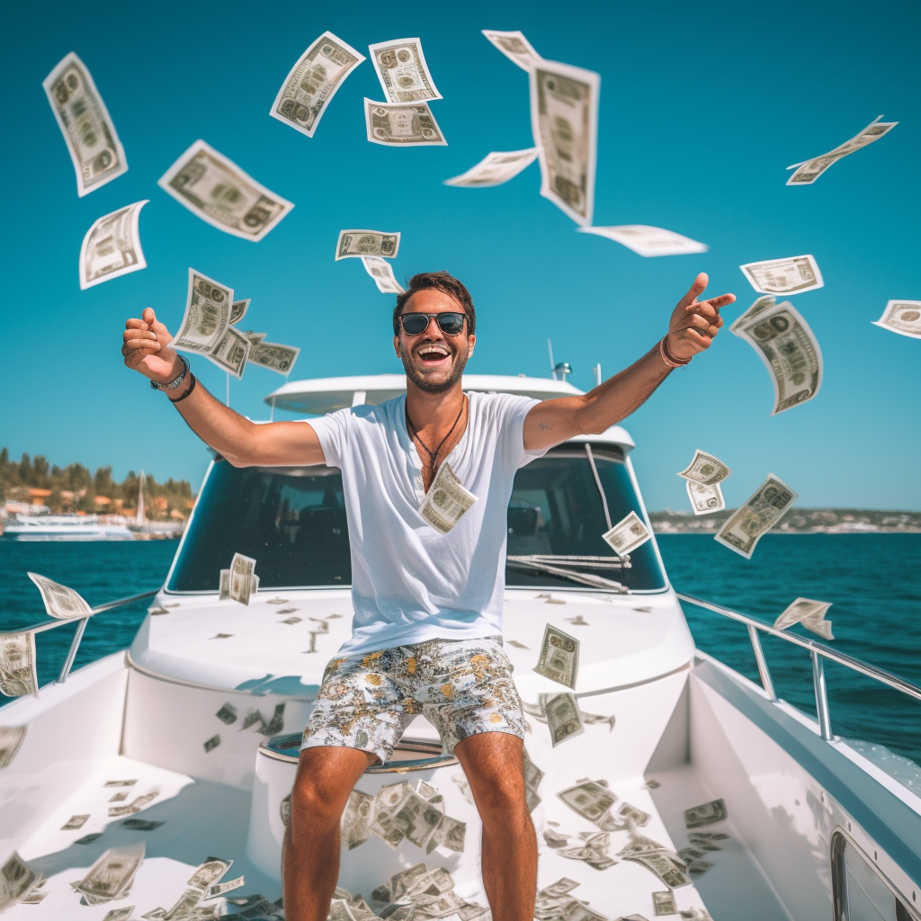 foto de um homem no barco jogando dinheiro para o ar