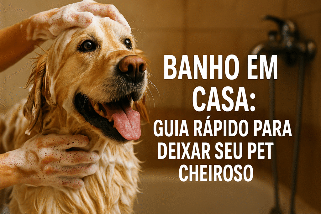 foto de um cão com dizeres Banho em casa