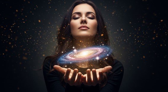 uma mulher com as mãos estendida e o universo aparecendo
